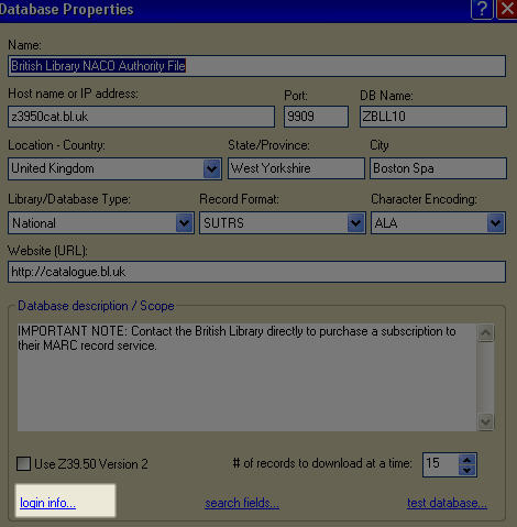 login info Hyperlink to login info window