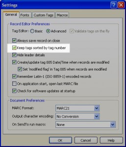General tab window with keep tags sorted option